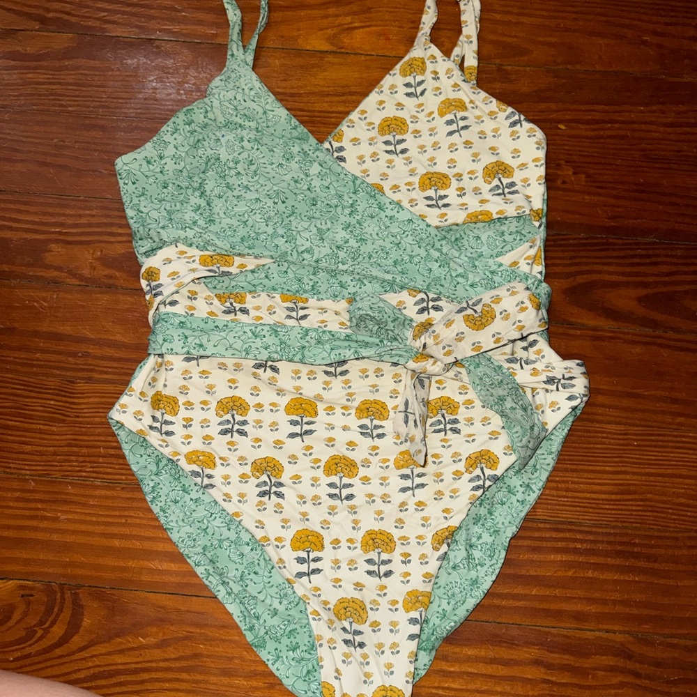 Floral Green and Yellow Wrap Swimsuit